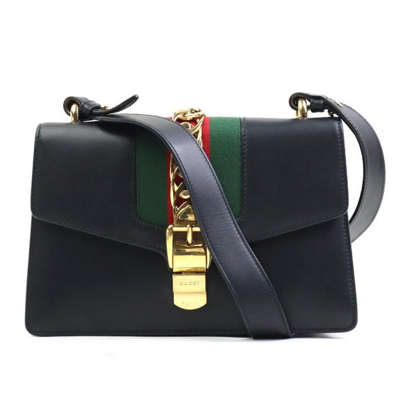 GUCCI 2Way Bag Shoulder Sylvie Leather Black Gold Women's 421882 e58960a - Picture 1 of 5